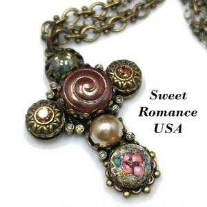 Sweet Romance USA Cross Art Glass Pendant Necklace, Rhinestones, 20 In